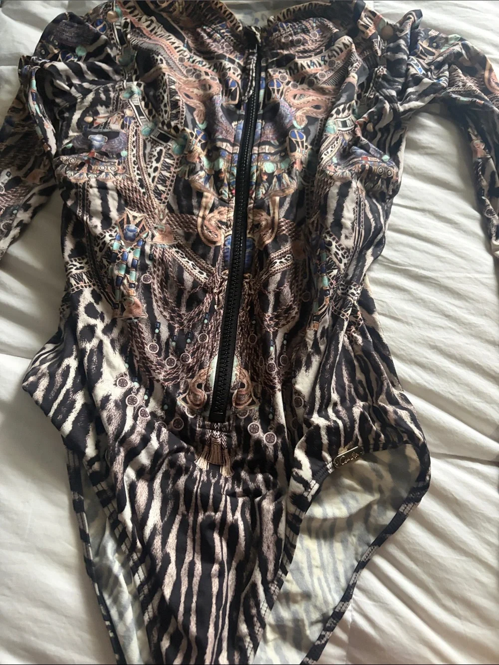 Camilla Black and Cream Patterned Long-Sleeve One-Piece Swimsuit with Front Zip
